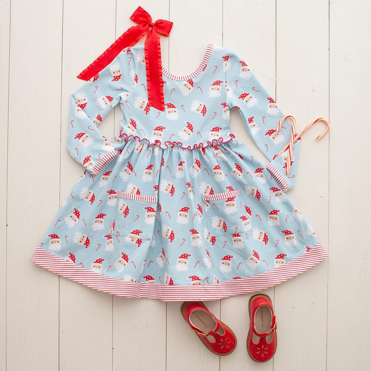 Santa candy cane pockets girls Christmas dresses