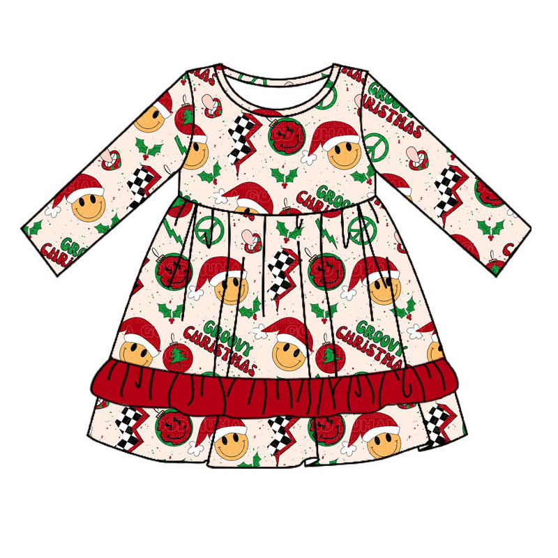 Long sleeves Christmas hat smile kids girls ruffle dresses