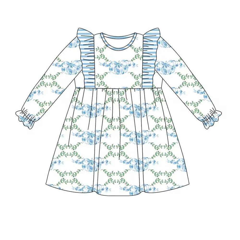Long sleeves blue stripe pumpkin kids girls fall dresses
