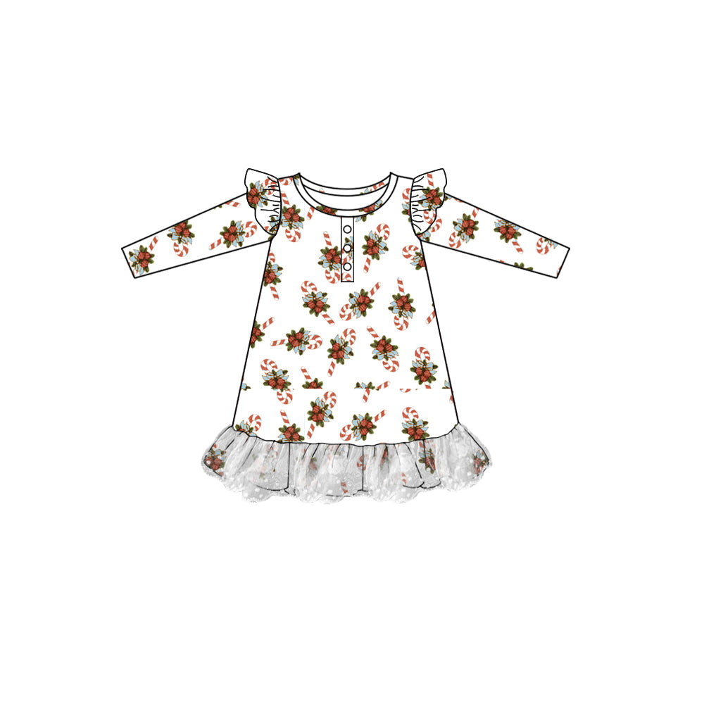 Long sleeves Christmas candy cane kids girls nightgown