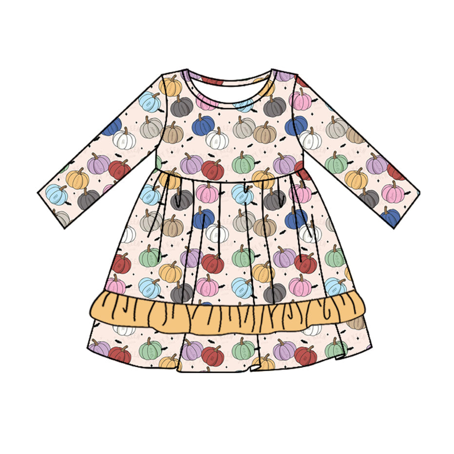 Long sleeves colorful pumpkin yellow ruffle girls fall dress