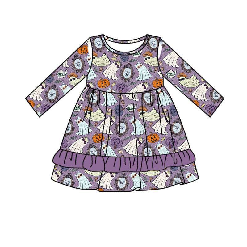Long sleeves ghost pumpkin ruffle girls Halloween dress