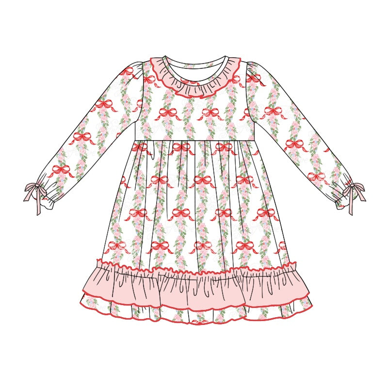 Long sleeves pink bow floral baby girls dress
