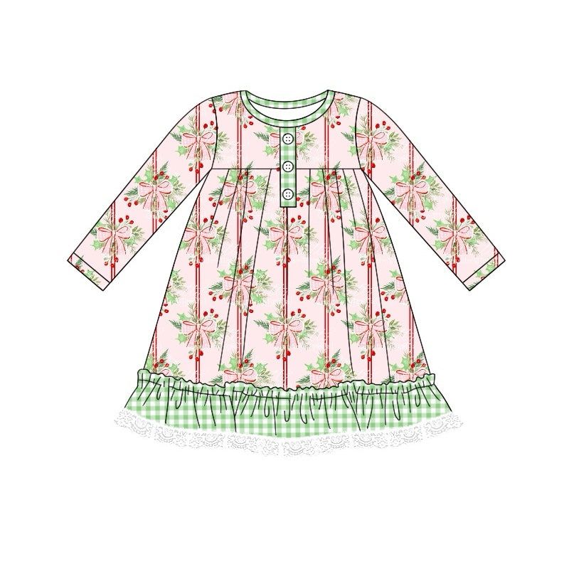 Pink bow berry ruffle long sleeves girls Christmas dress