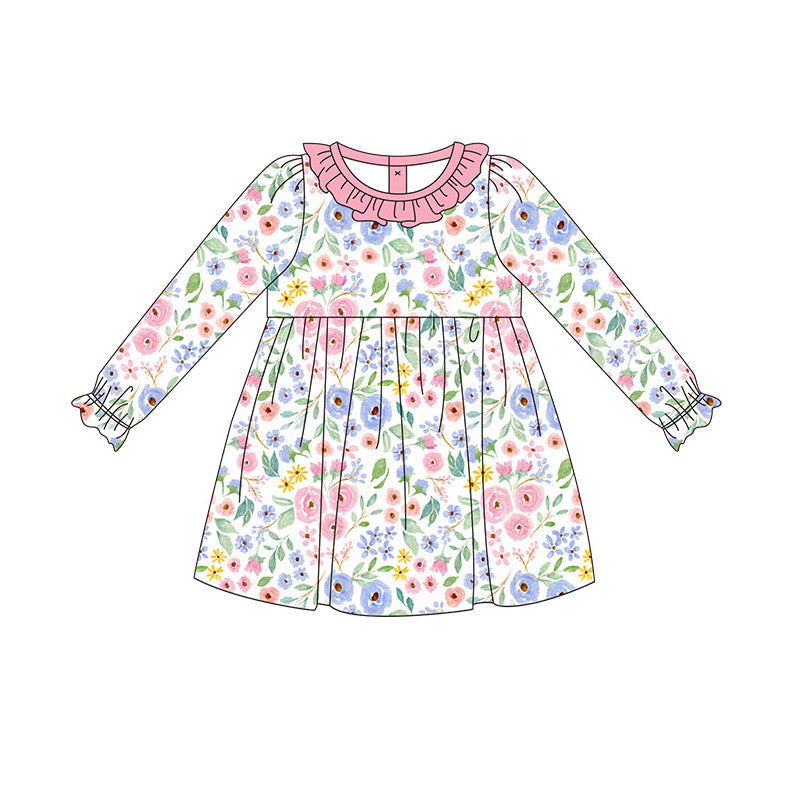 Pink ruffle floral long sleeves girls dresses