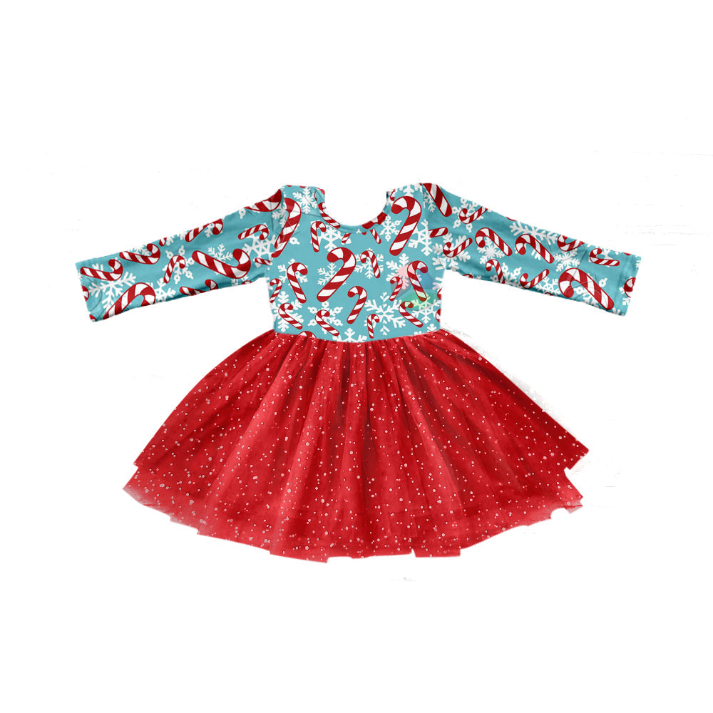 Long sleeves candy cane tulle girls Christmas dresses