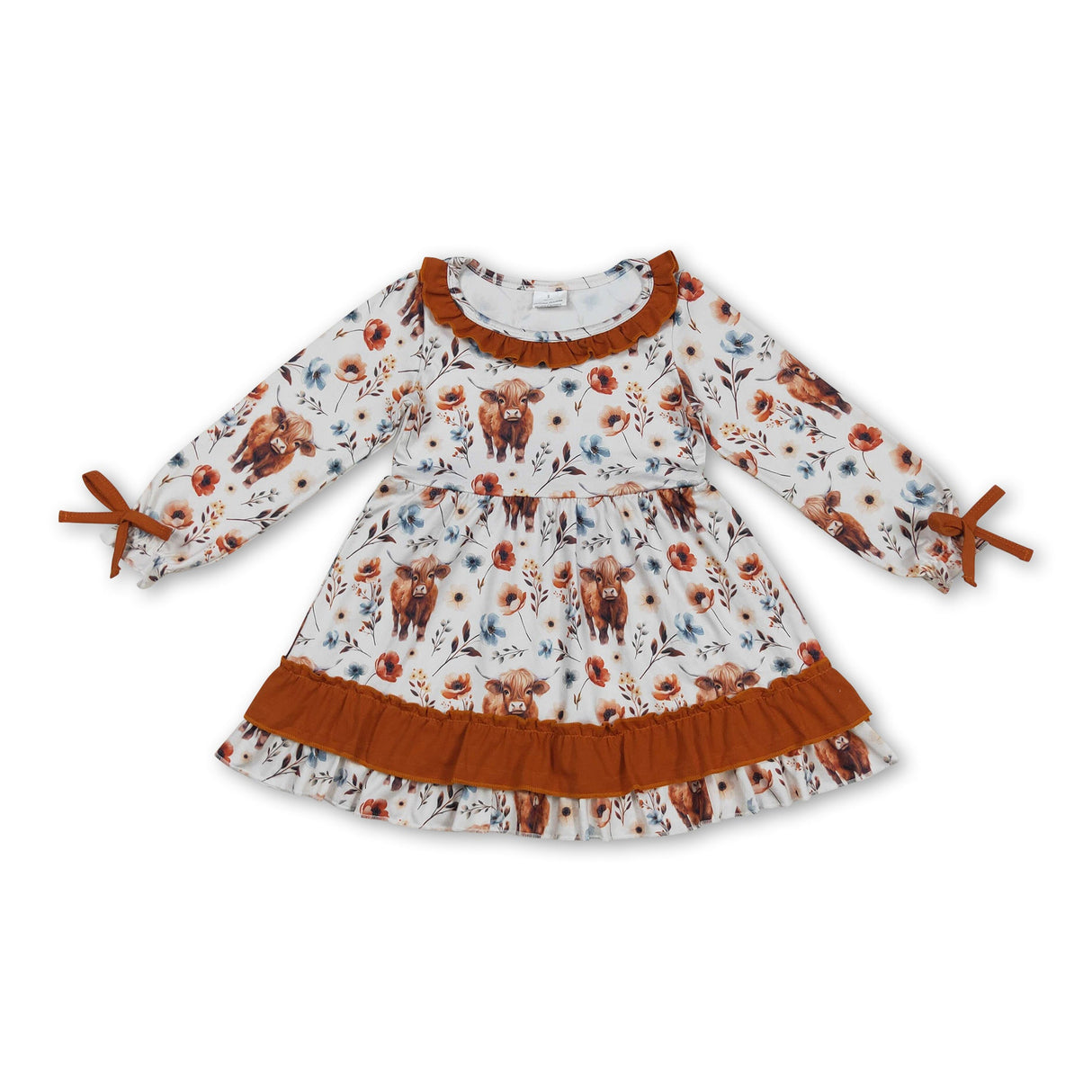 Long sleeves brown ruffle highland cow floral girls fall dress