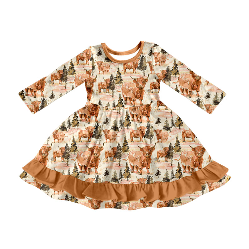 Long sleeves highland cow trees ruffle girls dresses