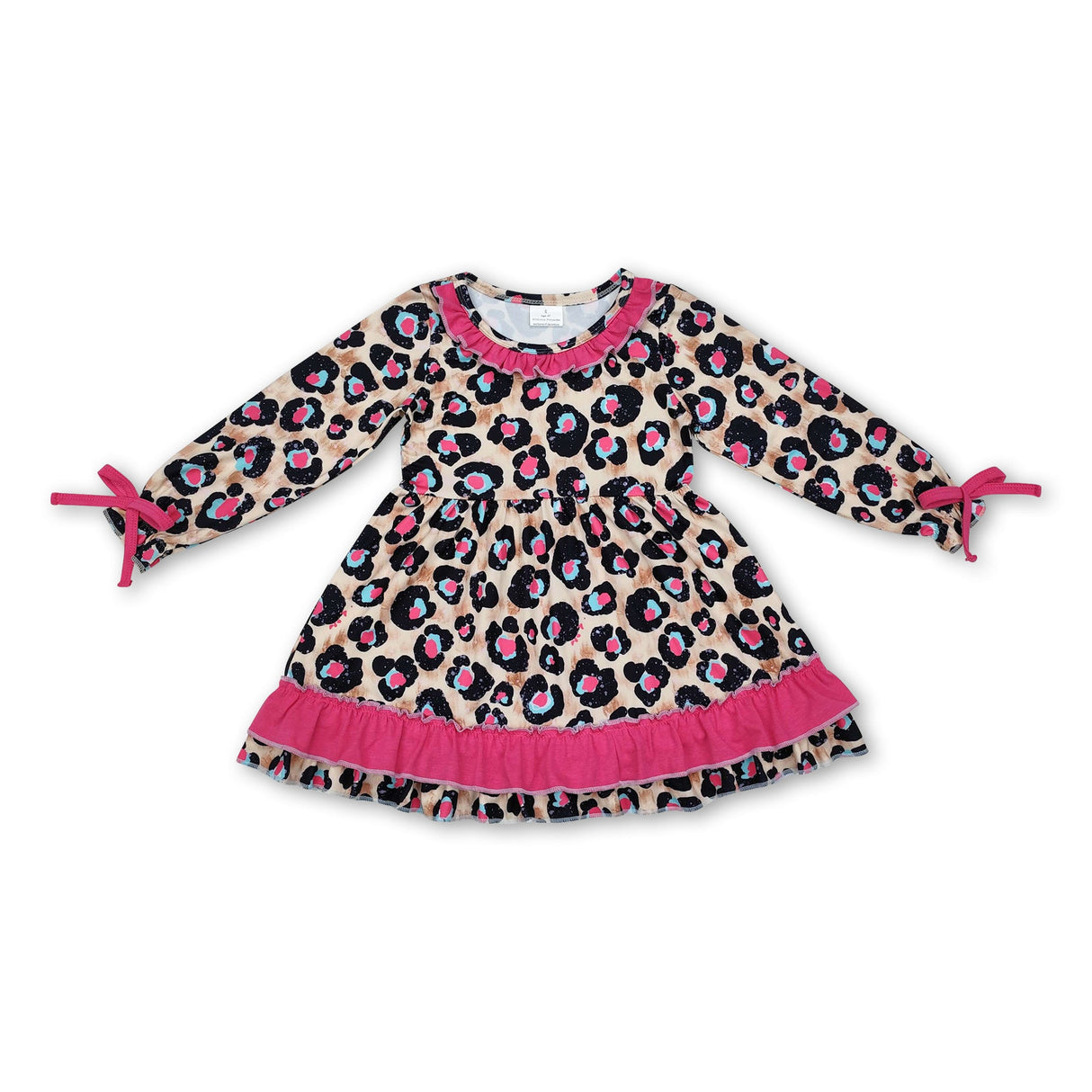 Long sleeves hot pink ruffle leopard girls dresses