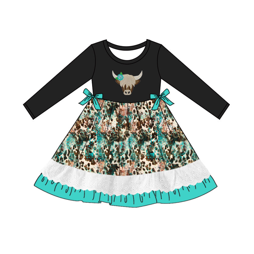 Black highland cow ruffle kids girls dresses