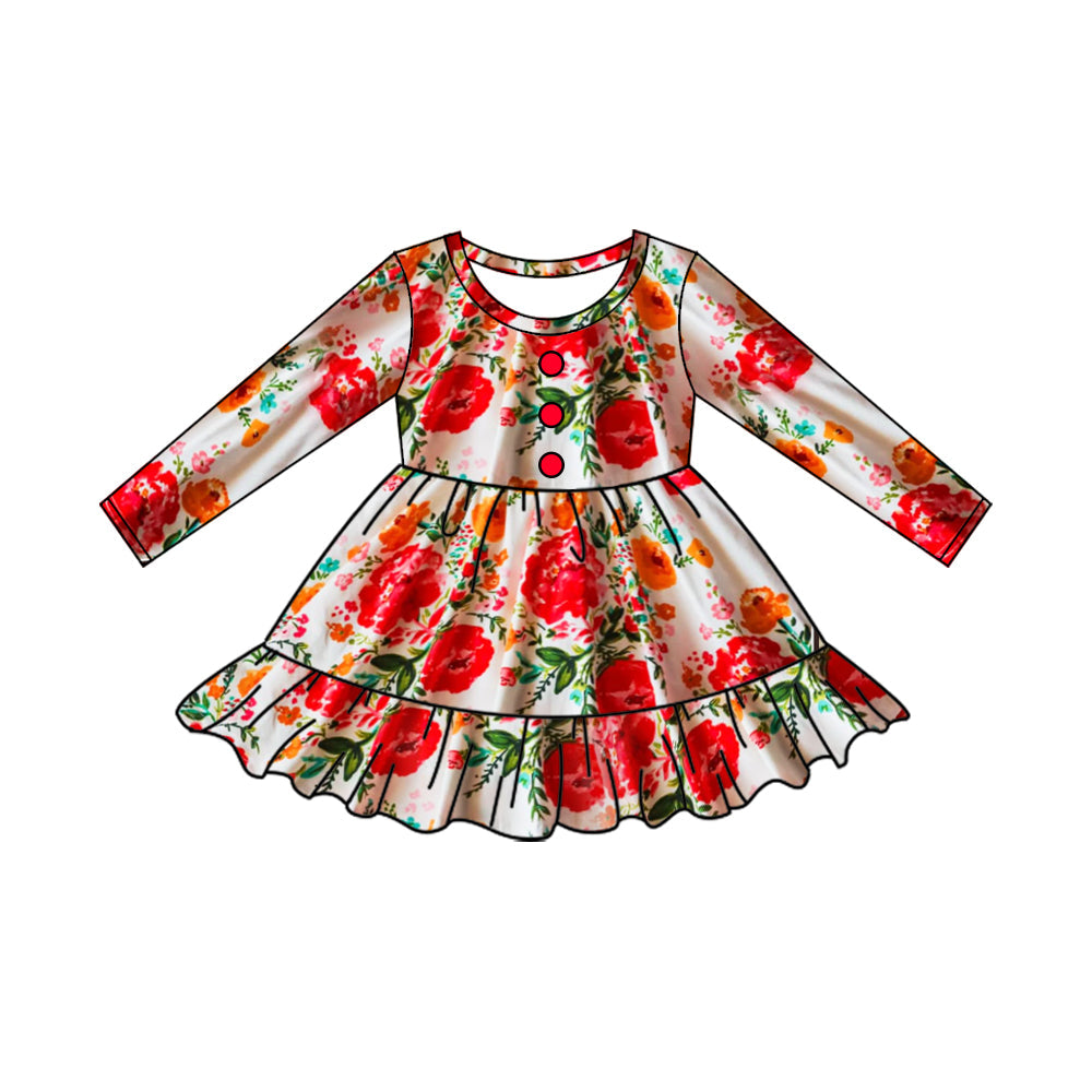 Long sleeves orange red flower baby girls dresses