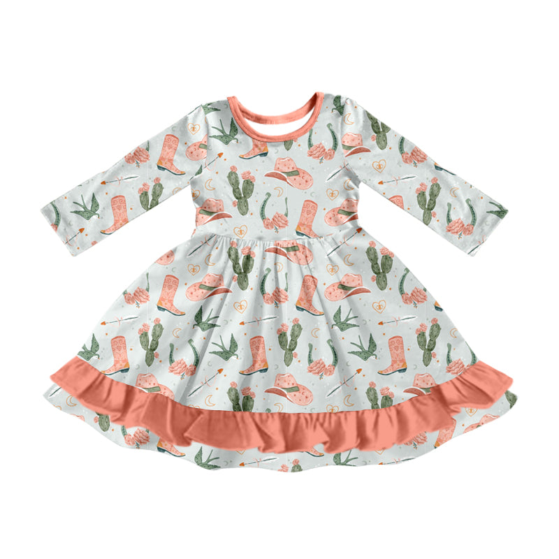 Long sleeves boots cactus hat kids girls western ruffle dress