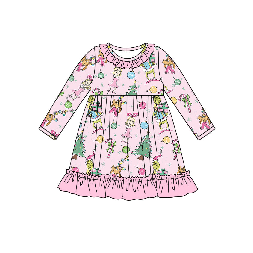 Pink ruffle Christmas tree green face kids girls dresses