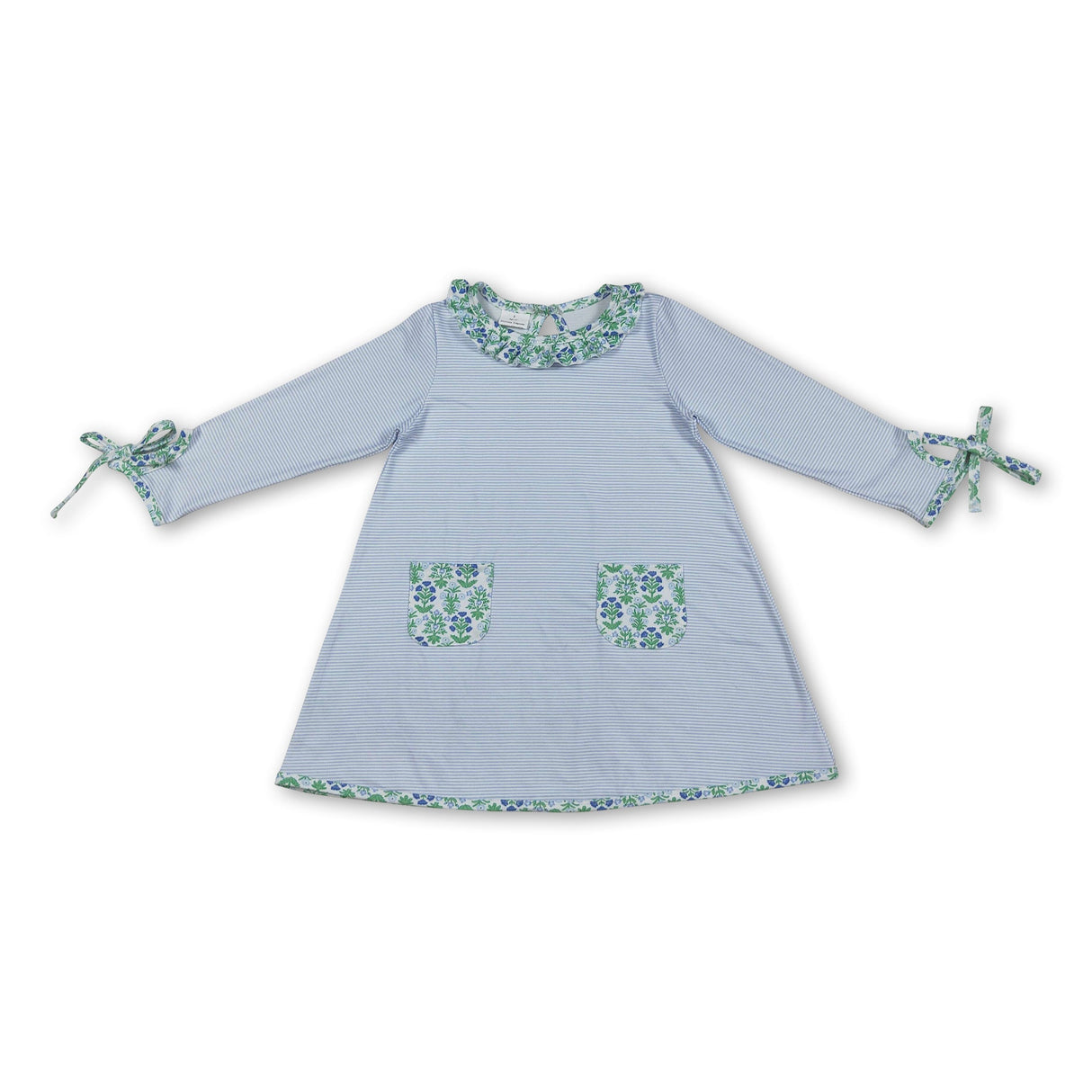 Light blue stripe floral pockets baby girls dresses
