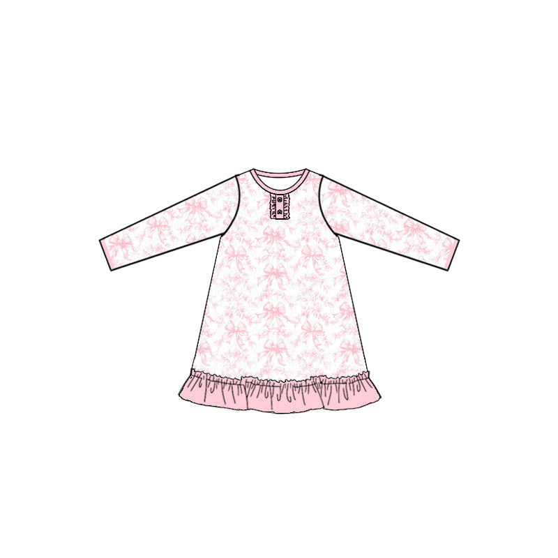 Long sleeves pink ruffle floral bow baby girls night dress