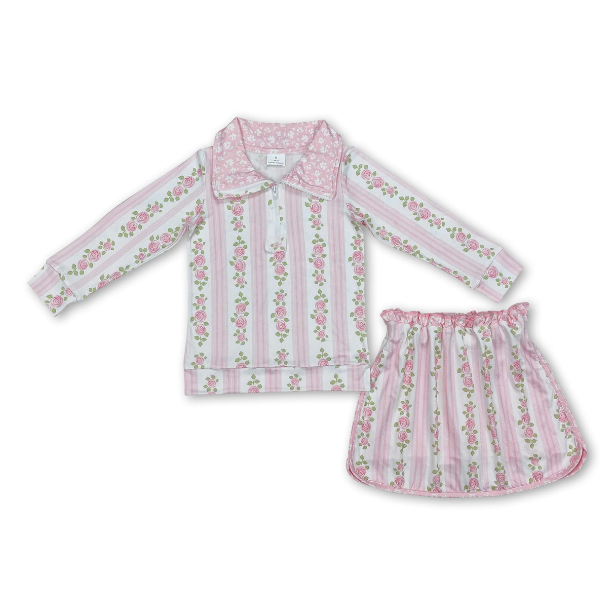 Pink stripe floral pullover skirt kids girls clothing set