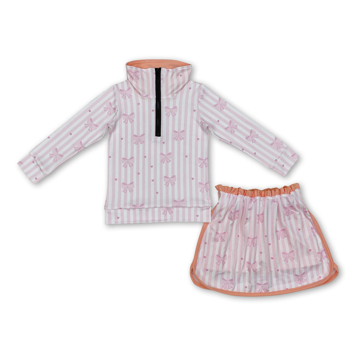 Pink stripe bow pullover skirt kids girls clothing set