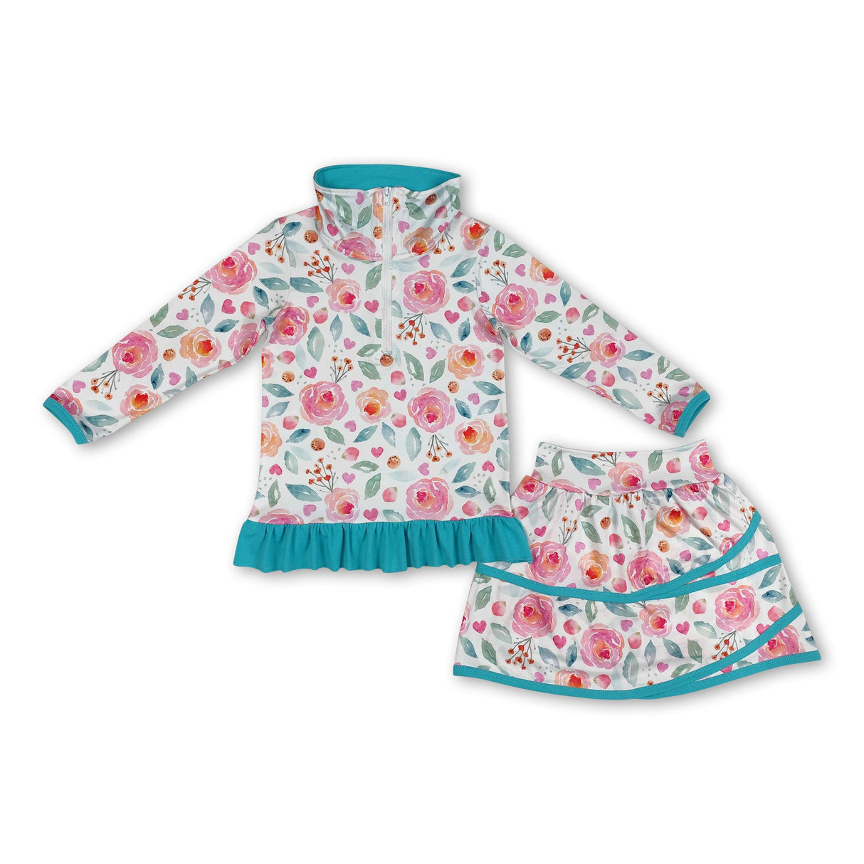 Aqua ruffle floral pullover skirt kids girls clothing set