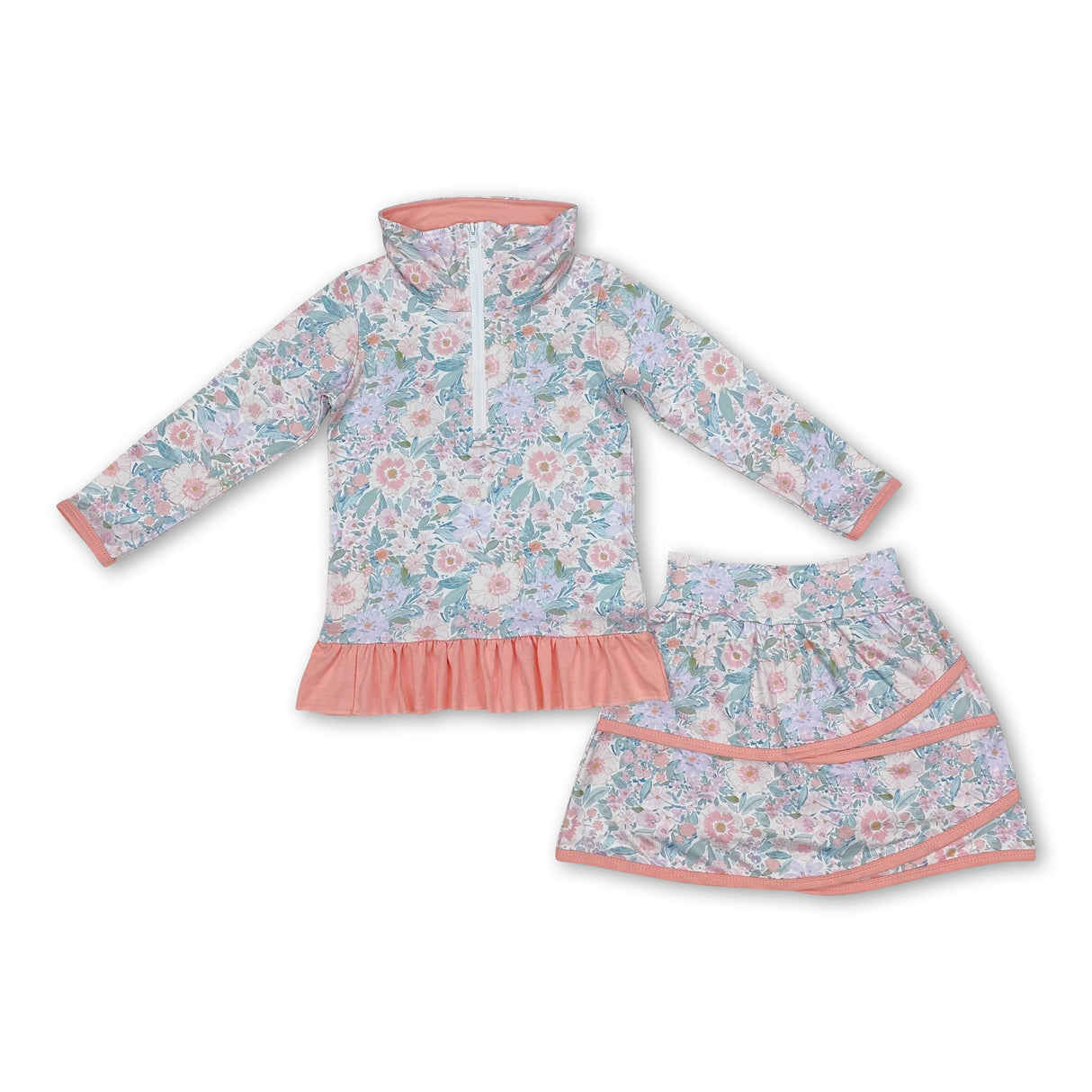 Peach ruffle floral pullover skirt kids girls clothing set
