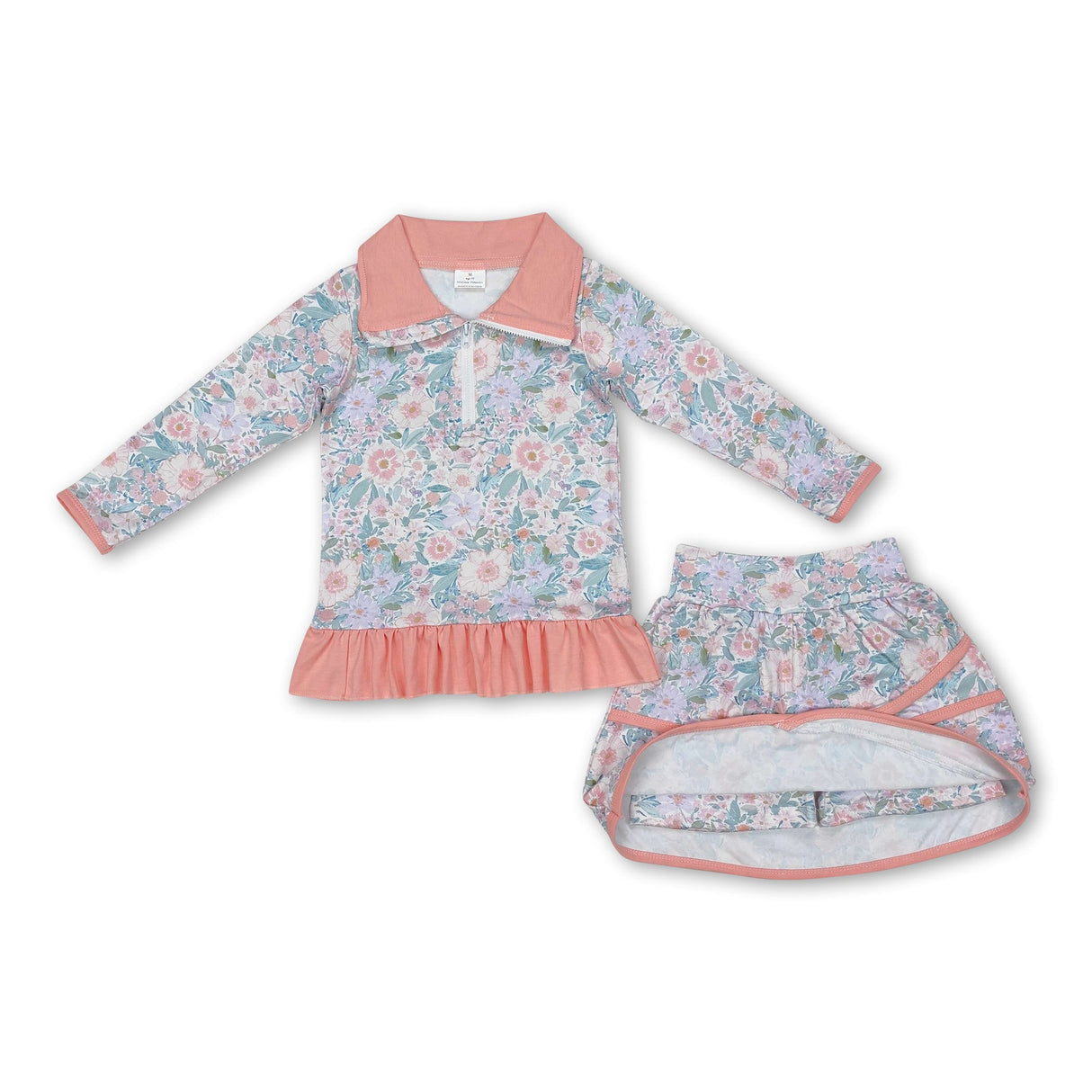 Peach ruffle floral pullover skirt kids girls clothing set