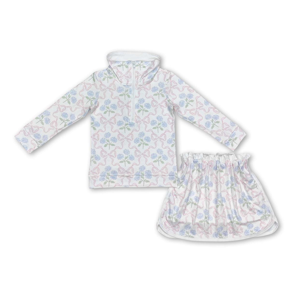 Pink bow floral pullover skirt kids girls clothing set