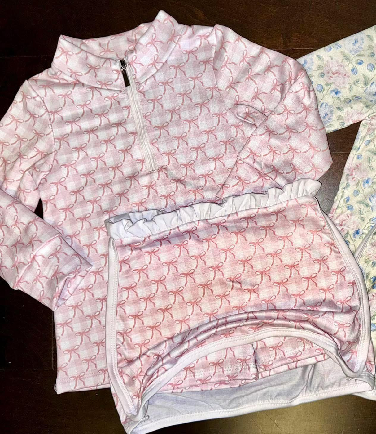 Long sleeves pink plaid bow pullover skirt girls clothes