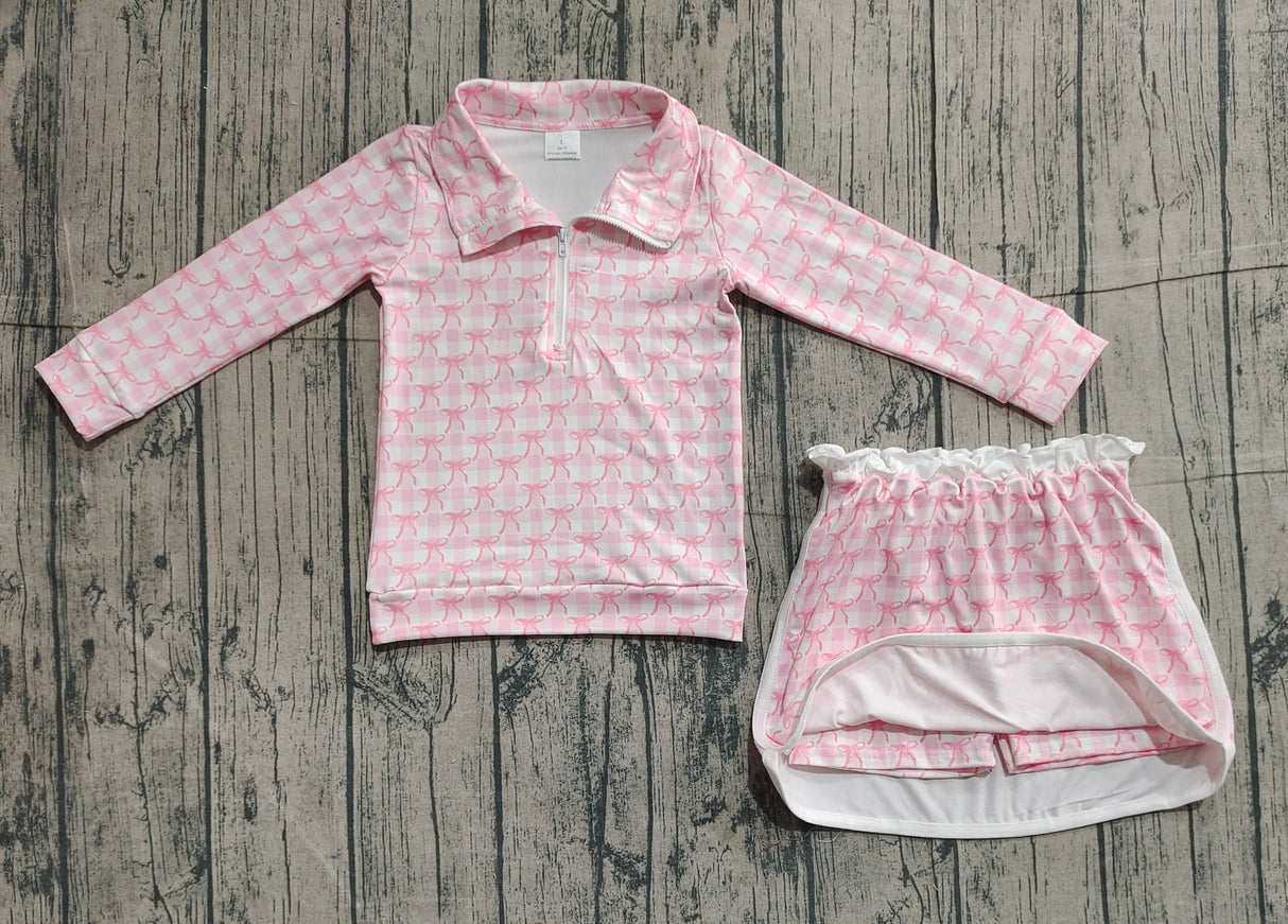 Long sleeves pink plaid bow pullover skirt girls clothes