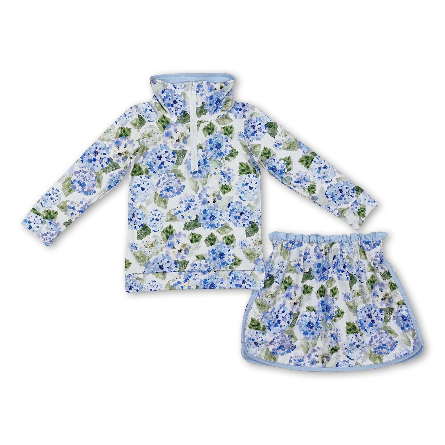 Light blue floral long sleeves top skirt kids girls clothes
