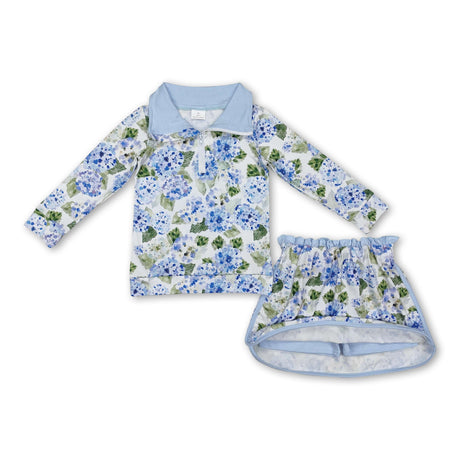 Light blue floral long sleeves top skirt kids girls clothes