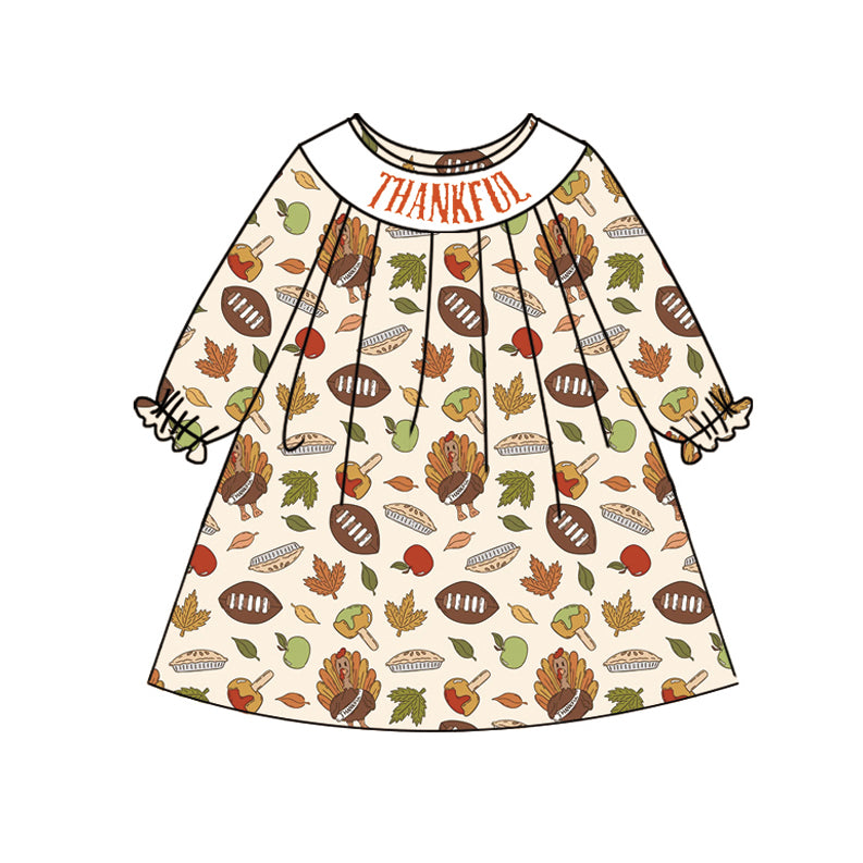 Long sleeves football turkey Thanksgiving kids girls dresses