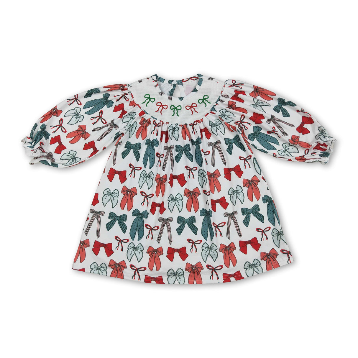 Red green bow long sleeves girls Christmas dress