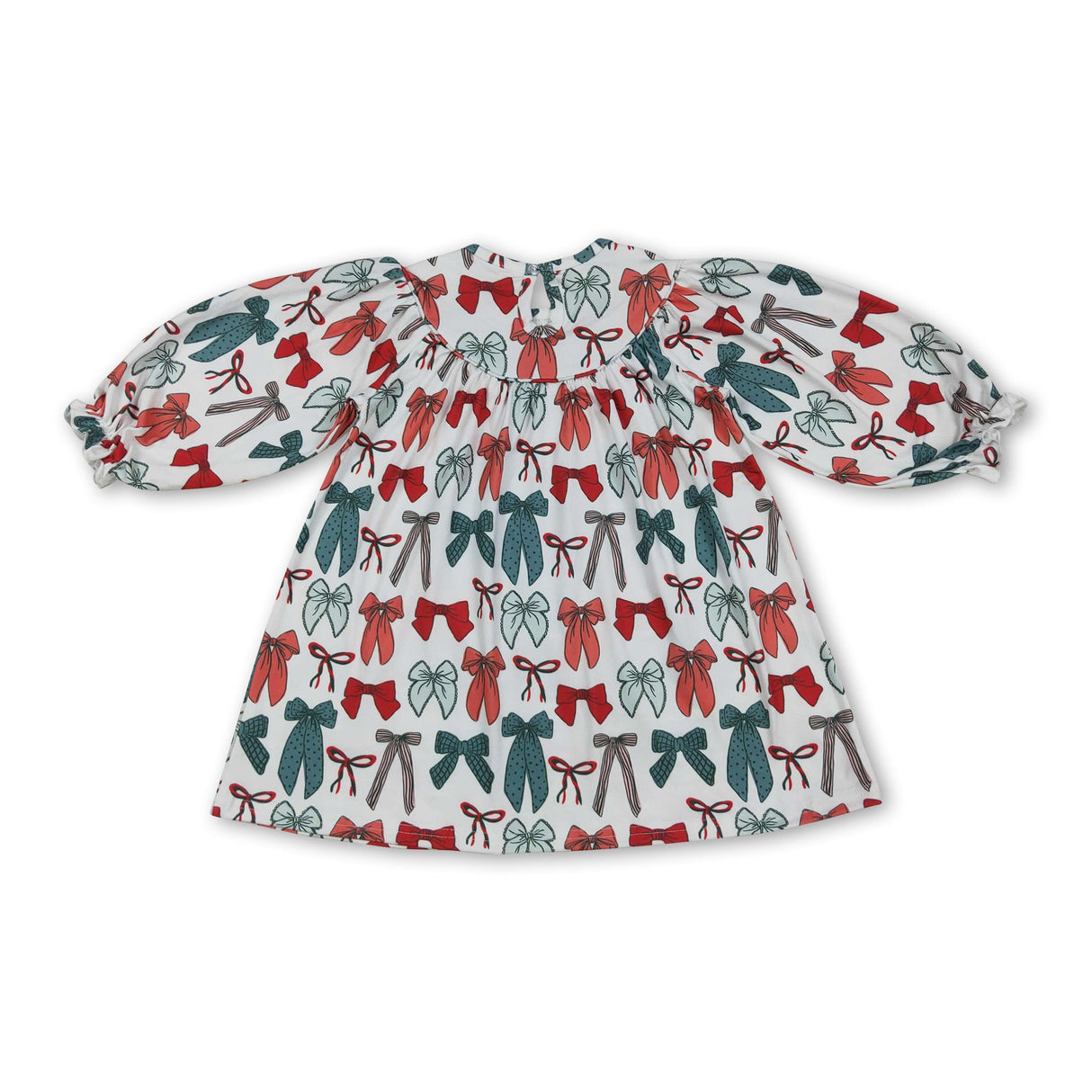 Red green bow long sleeves girls Christmas dress