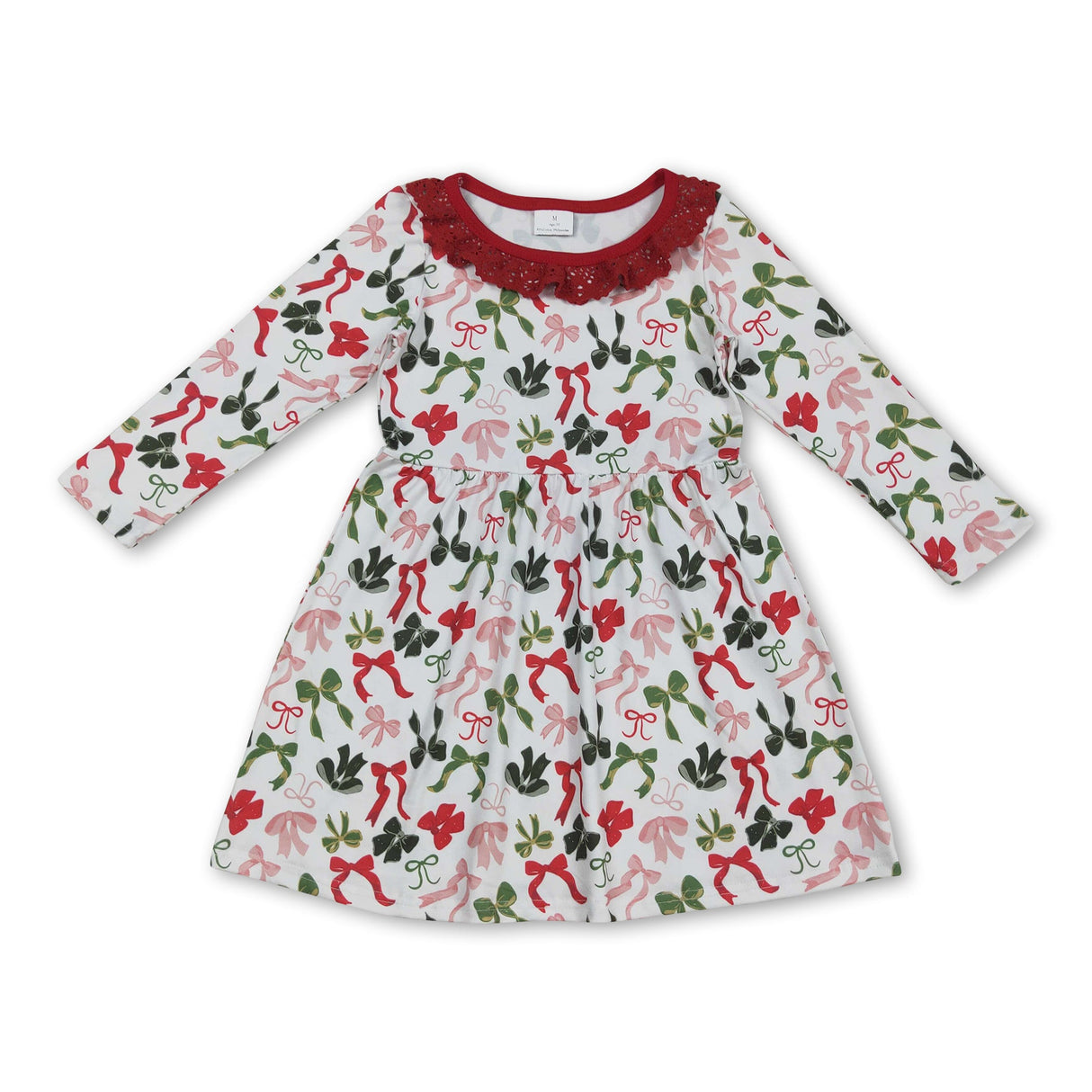 Long sleeves red green bow ruffle girls Christmas dresses