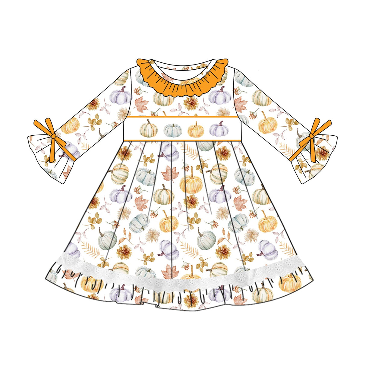 Long sleeves pumpkin leaves kids girls fall dresses