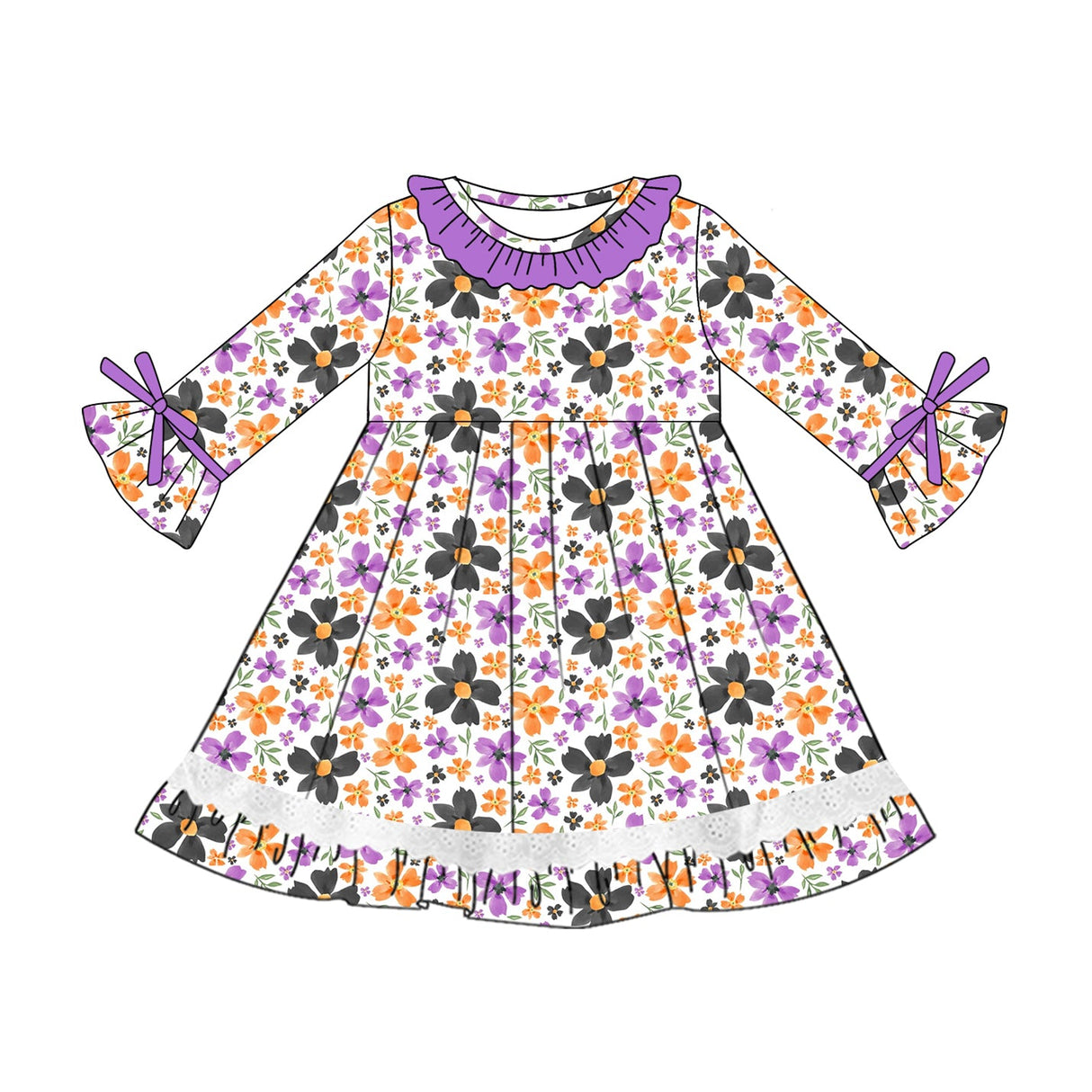 Purple ruffle long sleeves witches floral girls Halloween dress