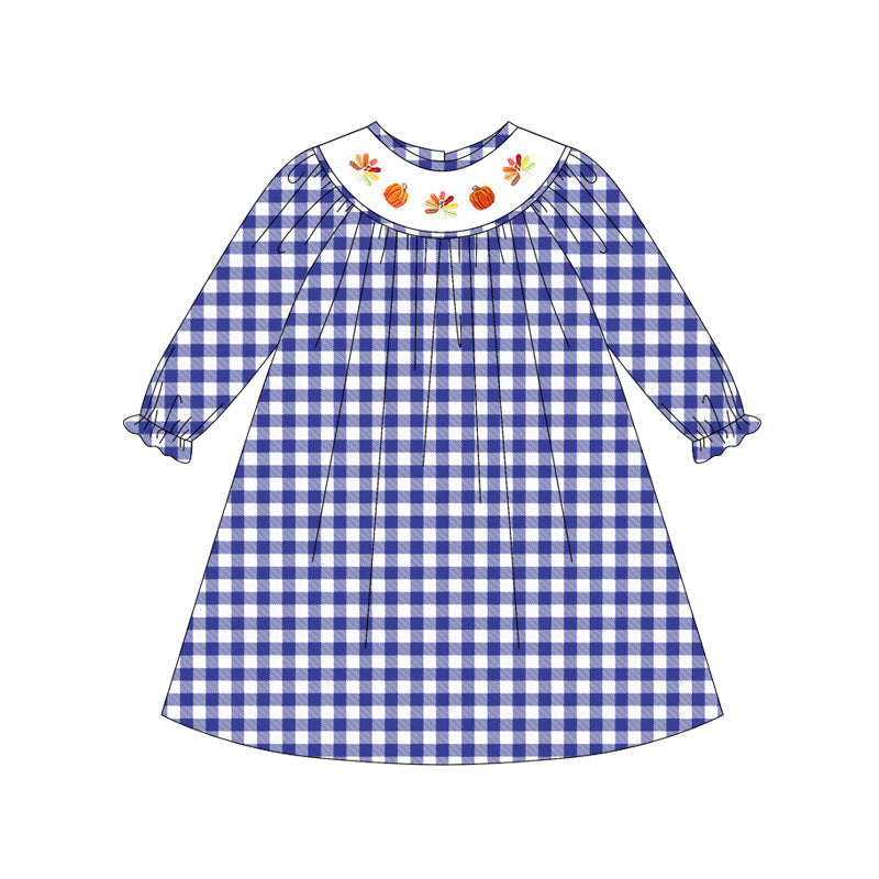 Blue plaid turkey pumpkin smocked girls Thanksgiving dress