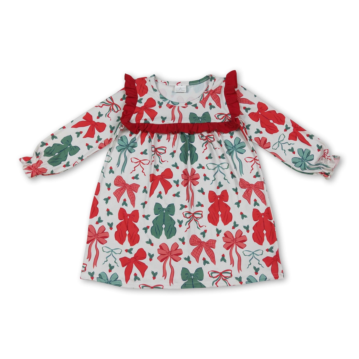 Long sleeves green red bow girls Christmas dresses