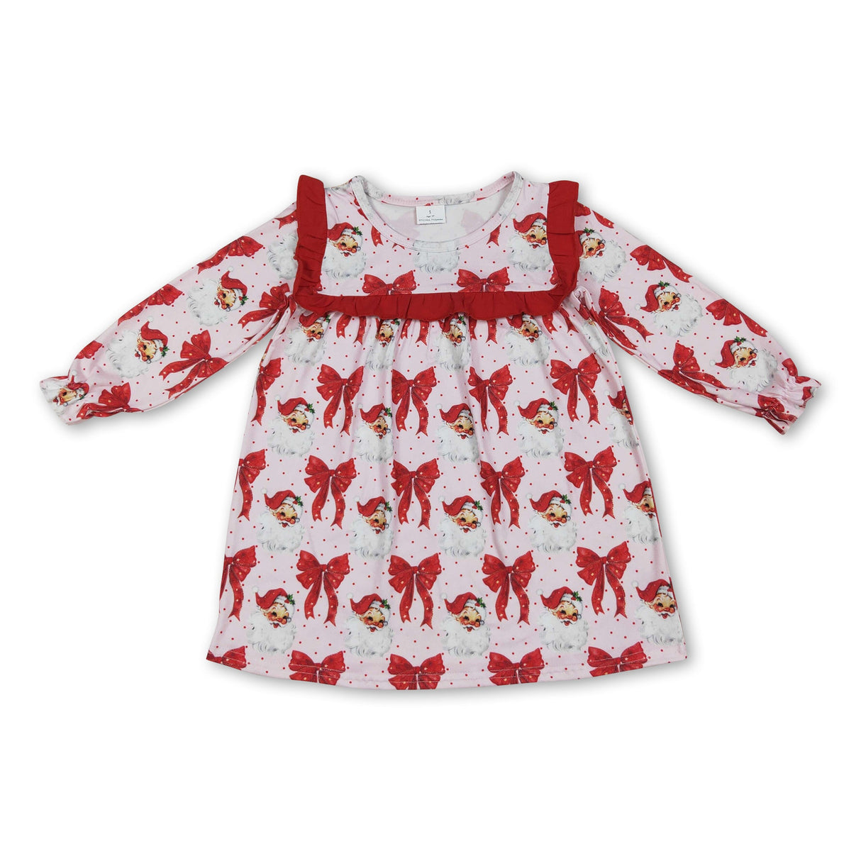 Long sleeves red bow santa girls Christmas dresses