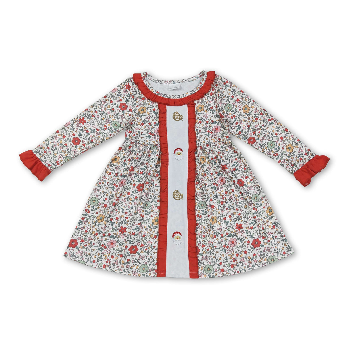 Long sleeves floral cookie santa girls Christmas dresses