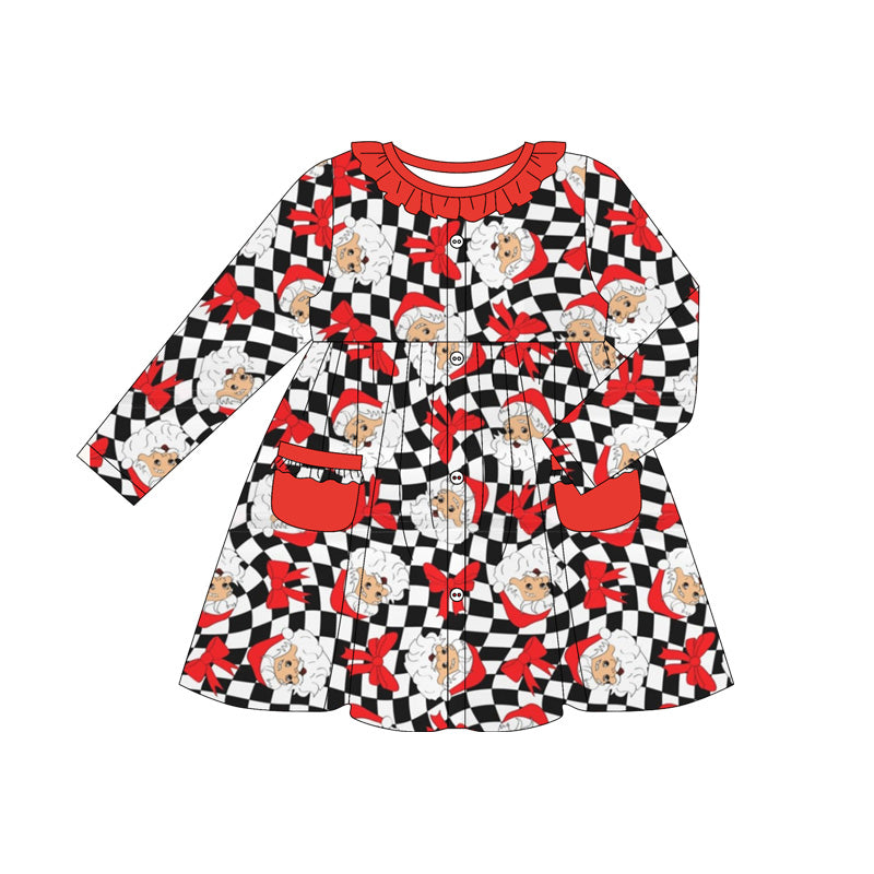 Long sleeves red bow santa girls Christmas dresses