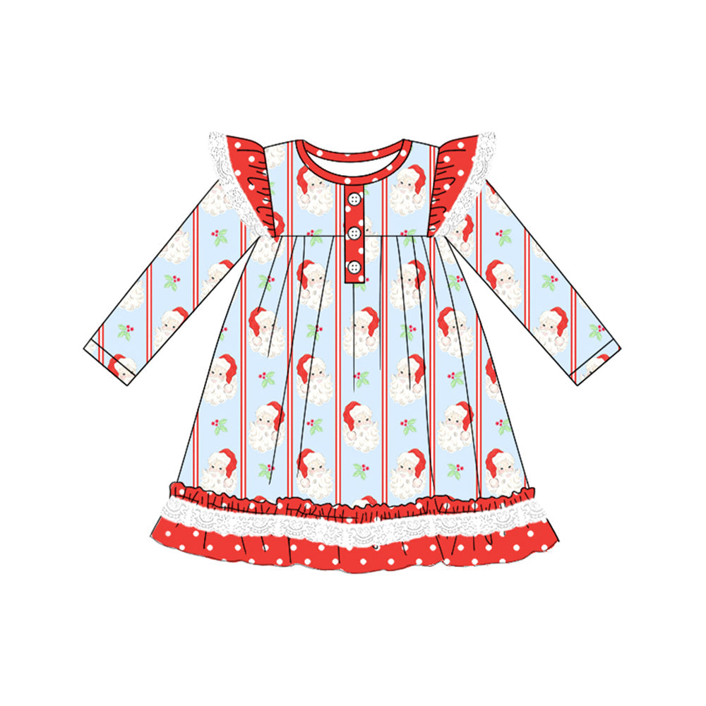 Long sleeves polka dots ruffle santa girls Christmas dress