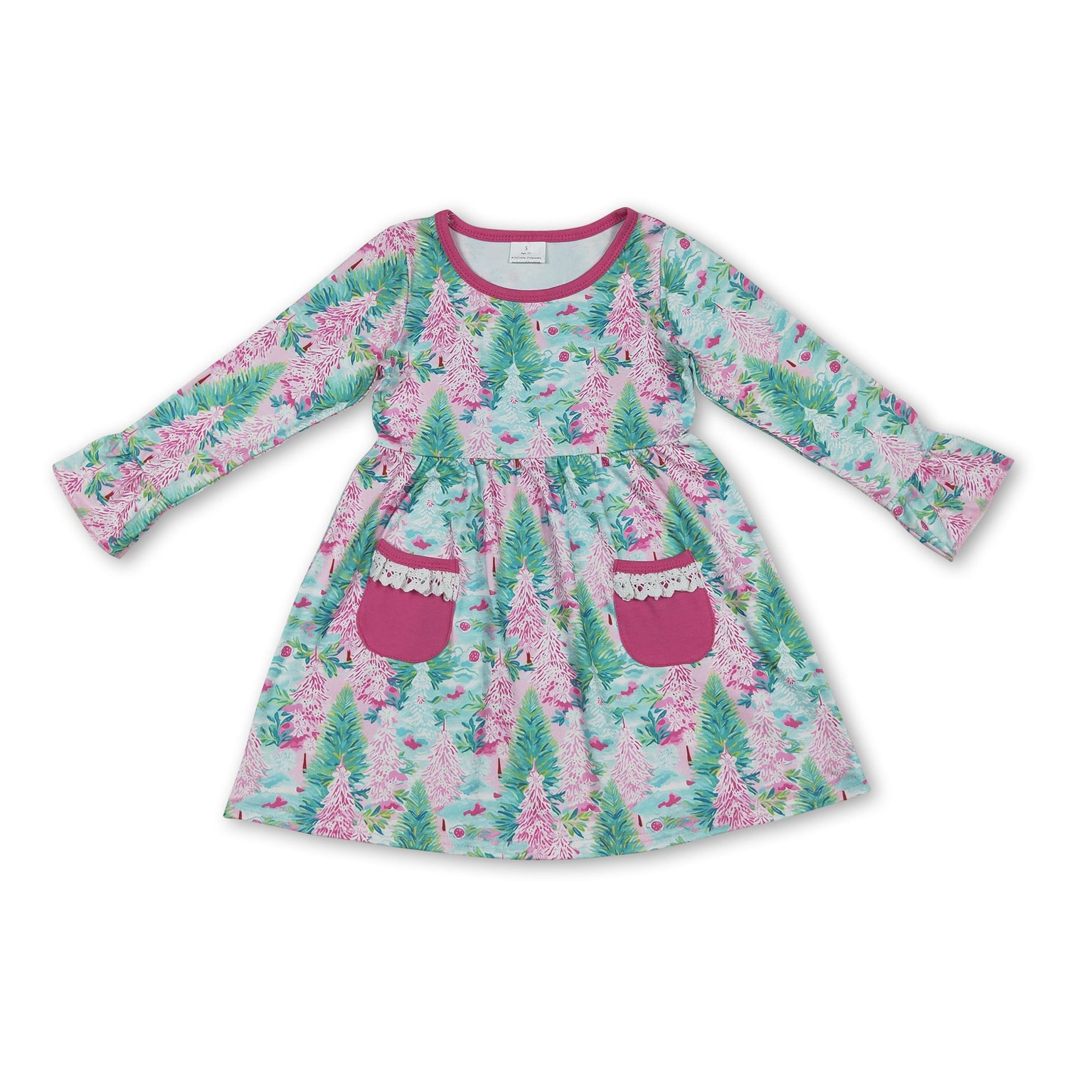 Long sleeves green pink Christmas tree girls dresses