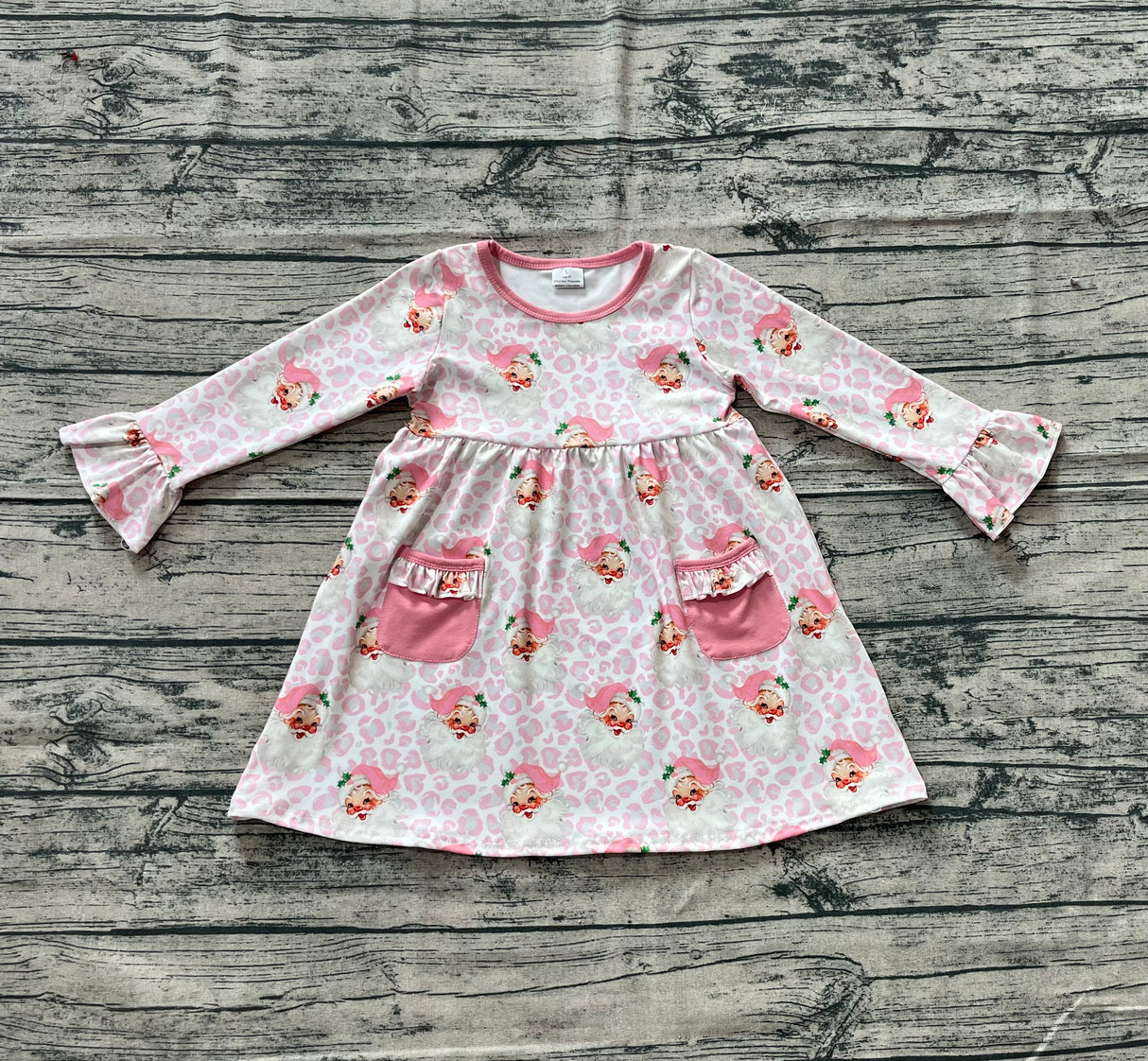Long sleeves pink pockets leopard santa girls Christmas dress