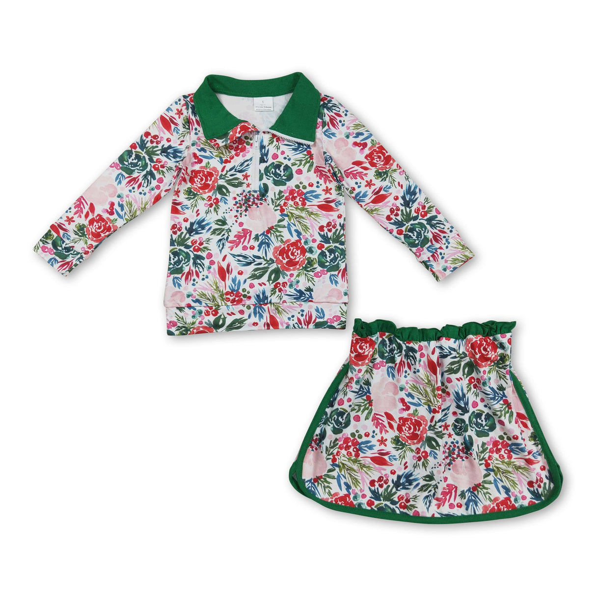 Long sleeves green floral pullover skirt girls clothing set
