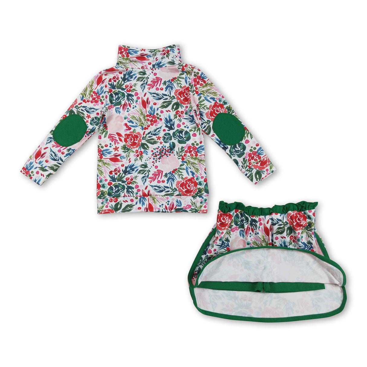 Long sleeves green floral pullover skirt girls clothing set