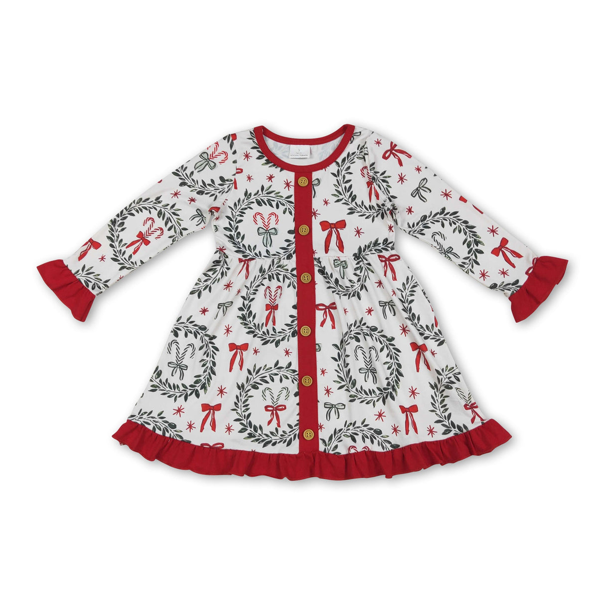 Long sleeves red bow kids girls Christmas buttons dress