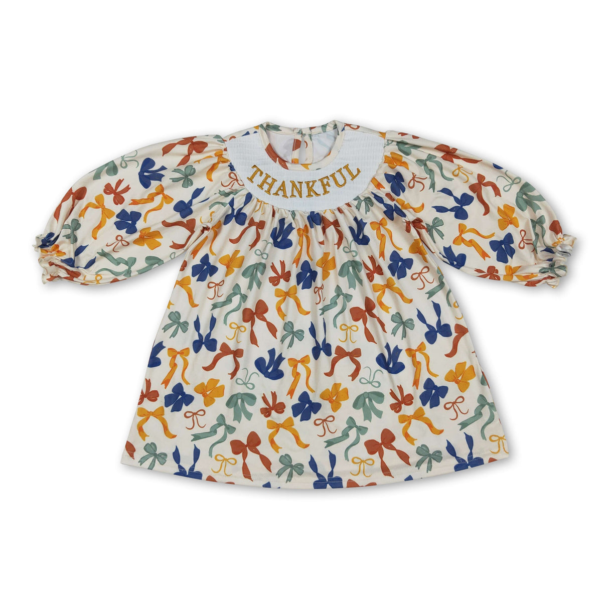 Long sleeves bows thankful smocked girls Thanksgiving dress