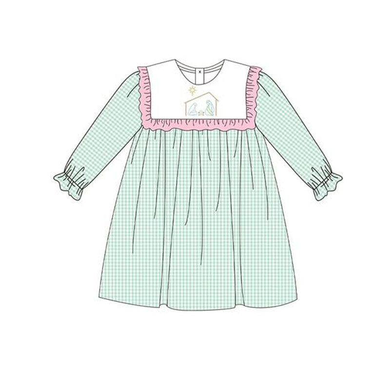 Long sleeves plaid ruffle nativity girls Christmas dress