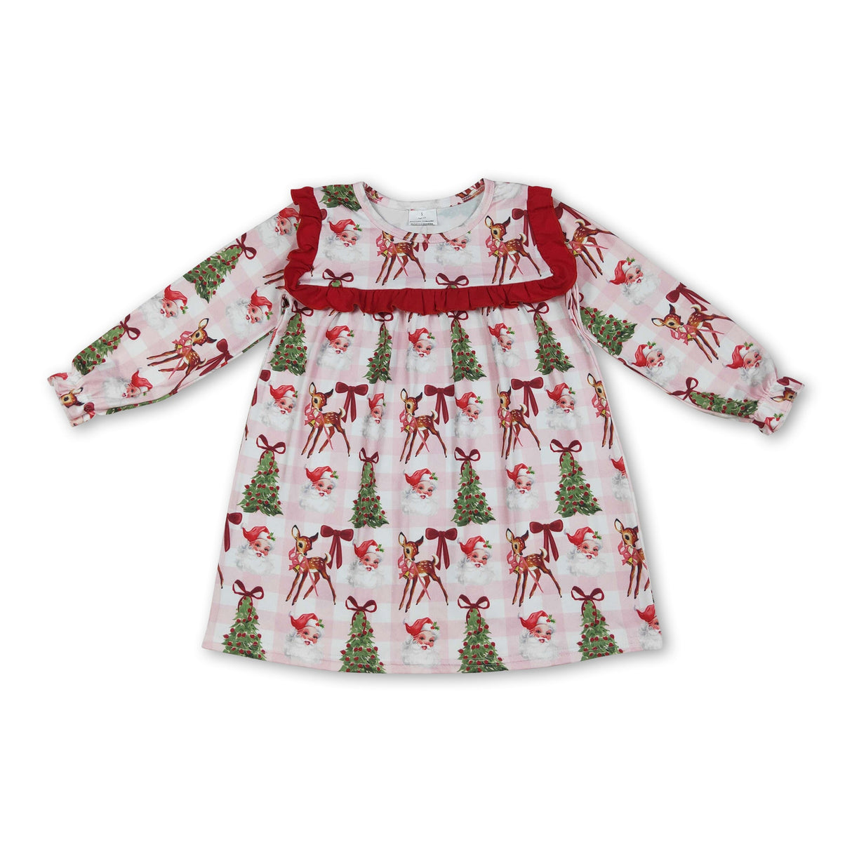 Pink plaid Christmas tree bow santa girls dresses