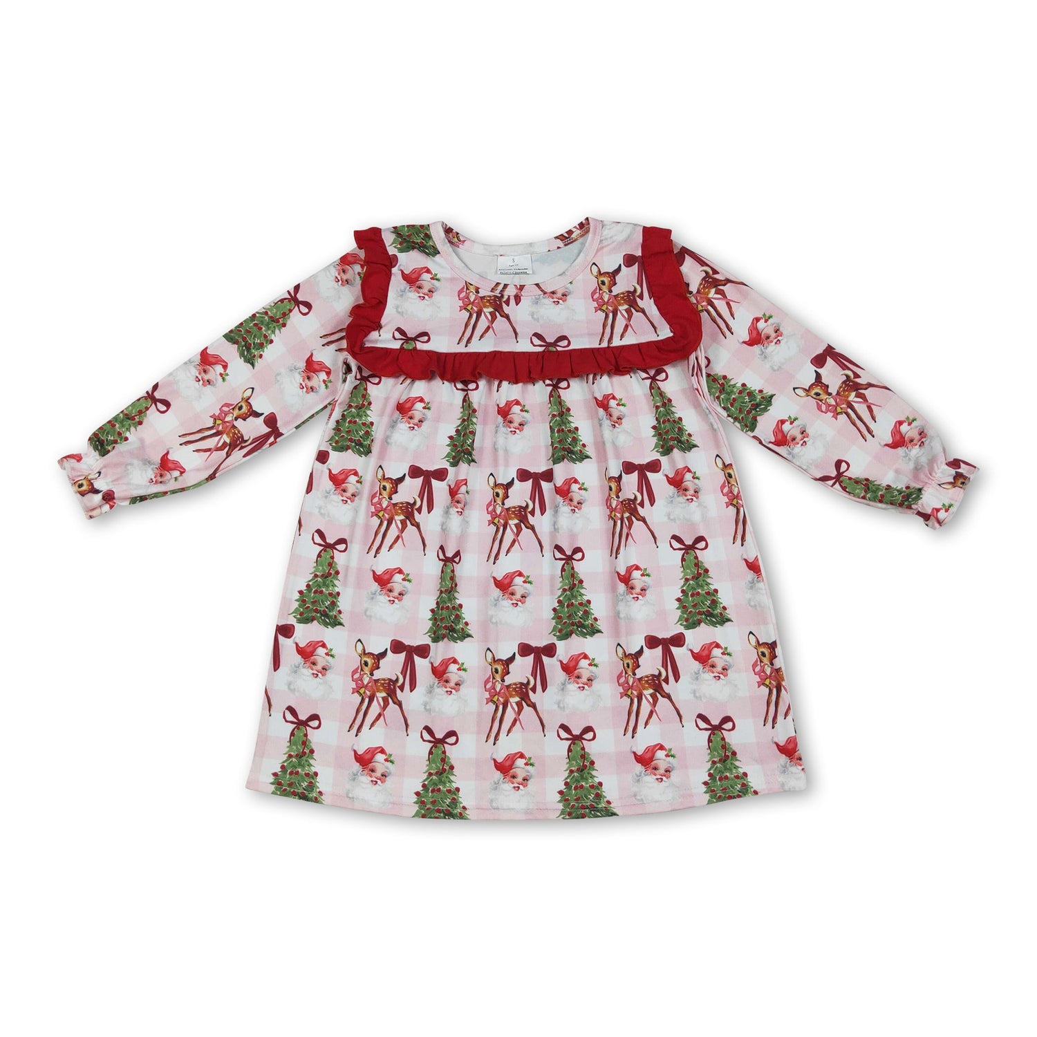 Pink plaid Christmas tree bow santa girls dresses